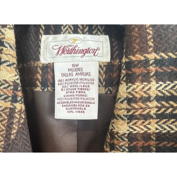 Vintage Worthington Wool Blend Plaid Blazer 16W Brown‎ Checkered Retro Academia - Picture 2 of 5